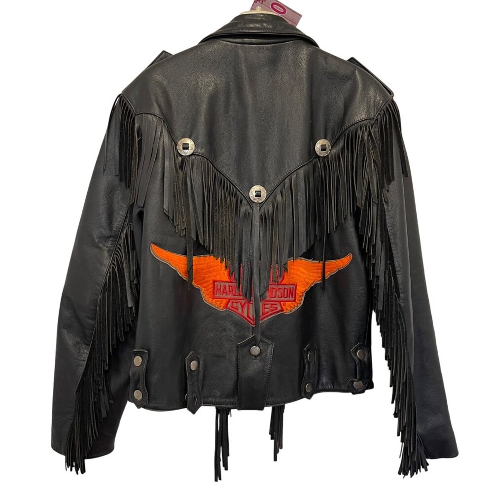 Vintage Open Road Leather Fringe Motorcycle Jacket 1991 Black Size 38 - Picture 2 of 9